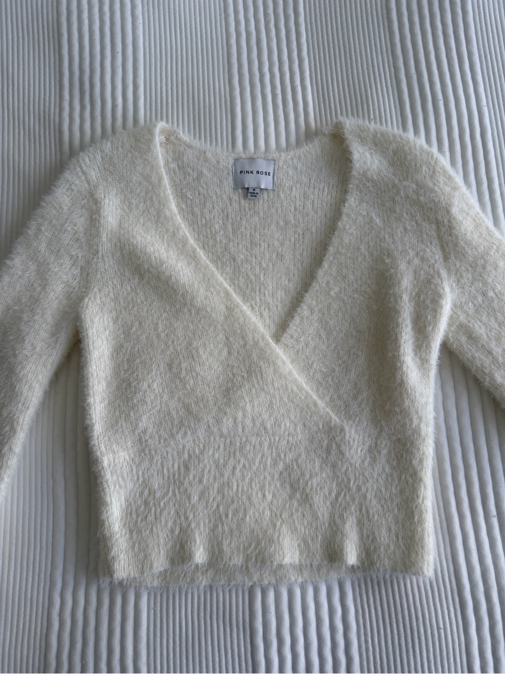 White Fuzzy V-Neck Wrap Sweater
